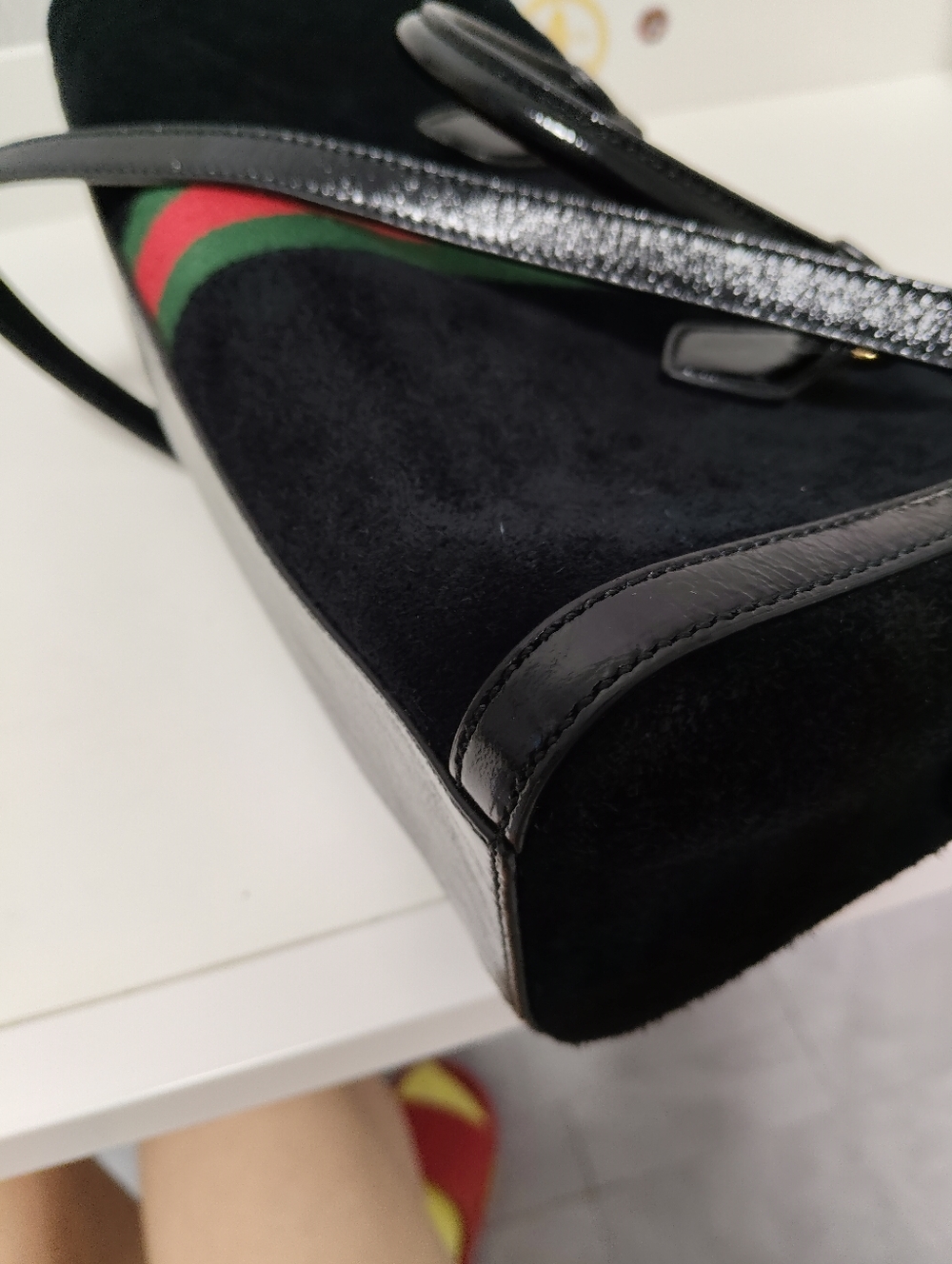 Gucci Black Velvet Top Handle Satchel with Green-Red Stripe - Picture 6 of 9